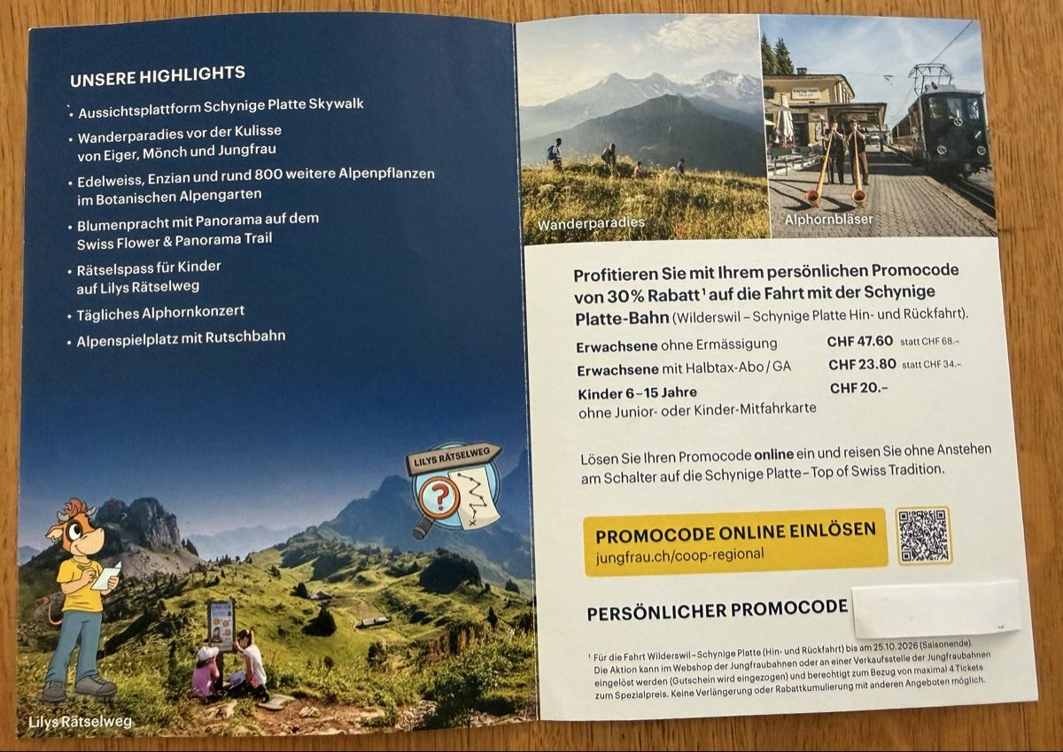 Gutscheine: Schynige Platte Promocode 30% Rabatt Bahnfahrt – Neu (gemäss Beschreibung) aus Koppigen von Landhaus 1