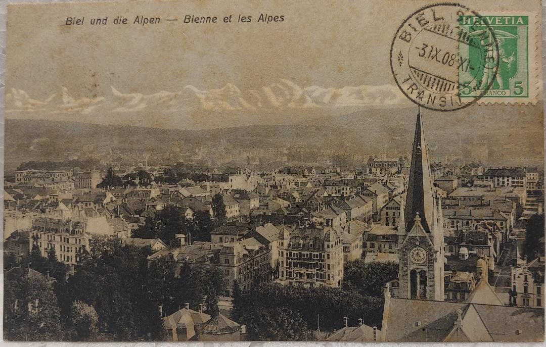 Cartoline postali: BIEL/BIENNE et les Alpes - 1908 – Usato da Delémont venduto da Domdom1