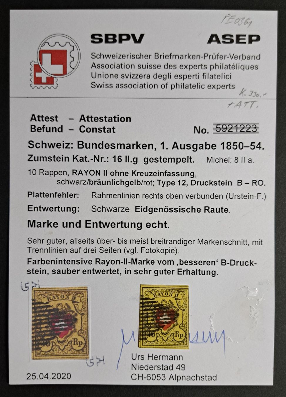 Alle Briefmarken: Rayon II T2 B/RO mit Ursteinfehler / Plattenfehler Attest – Gebraucht aus Unterägeri von PhilatelieStudiger 2