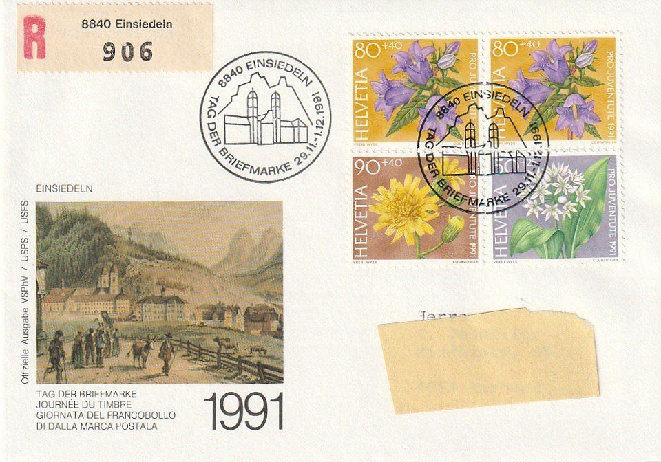 Alle Briefmarken: Tag der Briefmarke 1991 Einsiedeln,  Umschlag Charché – Gebraucht aus Aarburg von Aare10