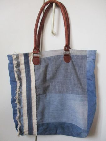 Cabas en toile de jean et cuir fauve