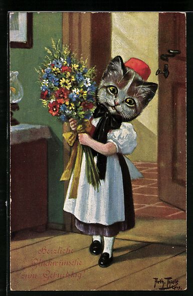 Cartoline postali: Arthur Thiele: Katzenmädchen in Tracht  – Usato da Berlin venduto da bartko-reher