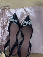 Amina Muaddi Pumps Black Satin Crystal Bow Slingback Sz 39