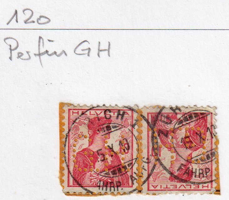 Alle Briefmarken: Perfin GH, 120 2x auf Briefstück – Gebraucht aus Basel von Bingis