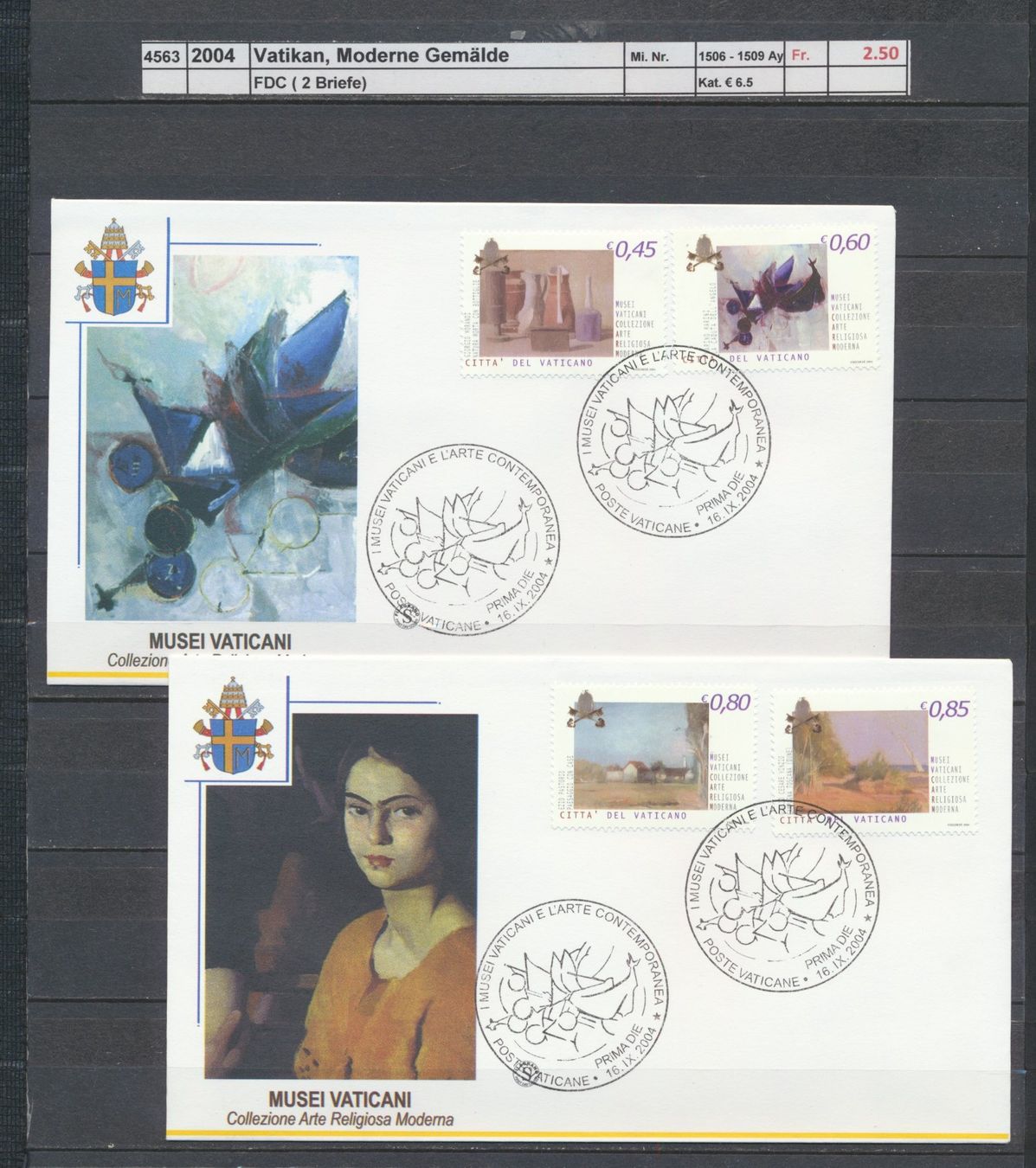 Tutti i francobolli: 2004 Vatikan, "Moderne Gemälde", FDC (2 Briefe) – Usato da Winterthur venduto da Zupogeru