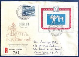 1951 LUNABA-Block auf R- Brief illustriert Luzern - New York