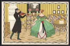 sign. Mitzi Marbach: Festliche Dame und 