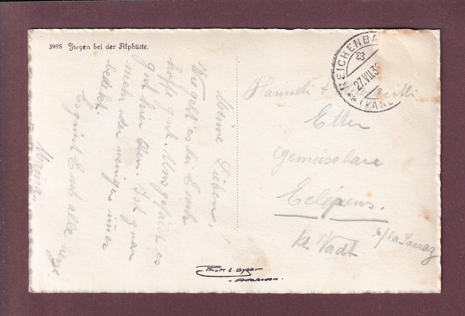 Cartoline postali: ZIEGEN bei der Alphütte - E. Gyger - 1936 // Falte // – Usato da Pully venduto da nicecards 1