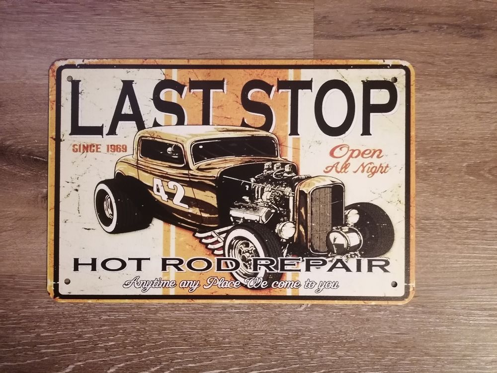 7er Set Retro Garage Blechschilder - 20x30cm Vintage Deko | Auto Bar Motorrad Metallschilder