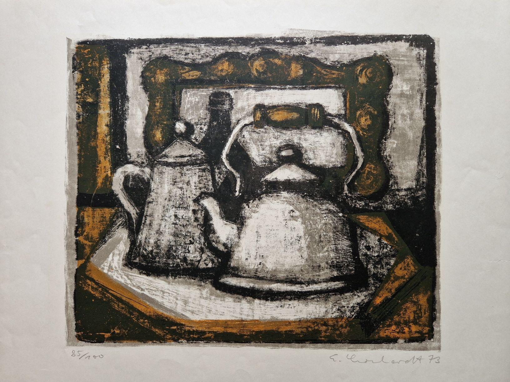 Xilografie: Vintage Linolschnitt Thee Kanne – Usato da Locarno venduto da ris_py7x