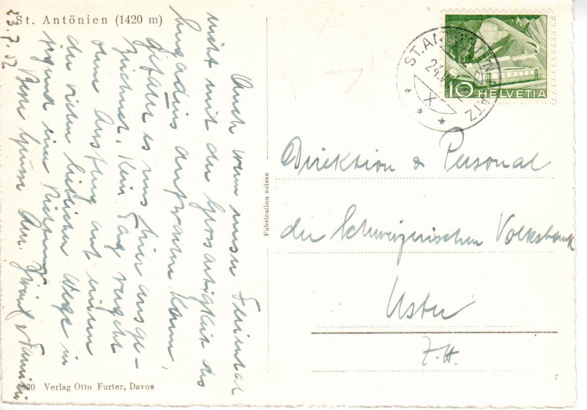 Cartoline postali: St. Antönien 1952 – Usato da Wolhusen venduto da Curver9 1