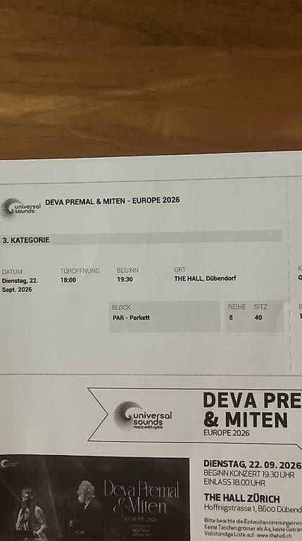 Tickets: DEVA PREMAL & MITEN - EUROPE 2026 22. Sept. – Neu (gemäss Beschreibung) aus Wittenbach von Gtschenk