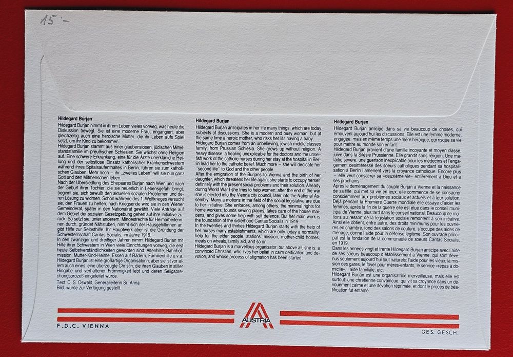 ÖSTERREICH HILDEGARD BURJAN CARITAS FDC 1983 (Neu (gemäss Beschreibung ...