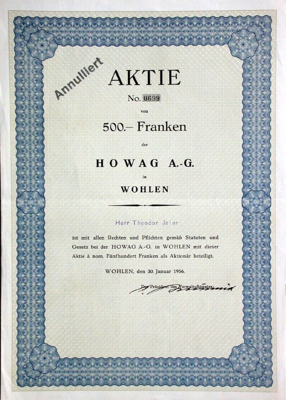 Documenti: Howag AG Wohlen - 1956 – Usato da Solothurn venduto da Sgasche