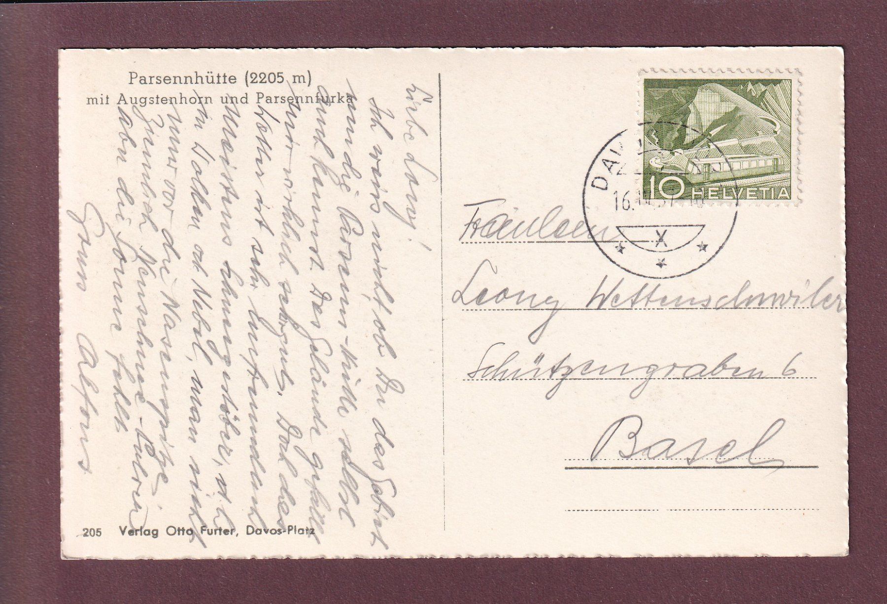Cartoline postali: Davos - PARSENNHÜTTE - 1957 – Usato da Pully venduto da nicecards 1