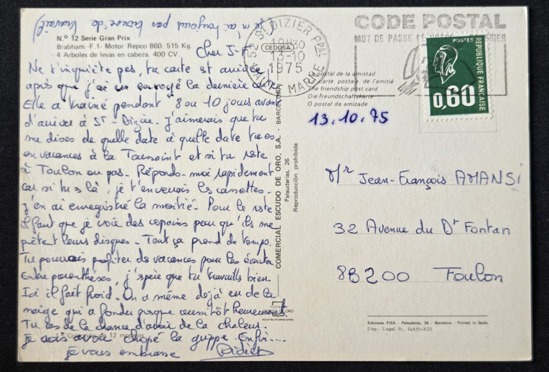 Cartoline postali: Brabham Formel 1  Repco 860 400 CV  CP Auto Postkarte – Usato da Tavannes venduto da Cire 1