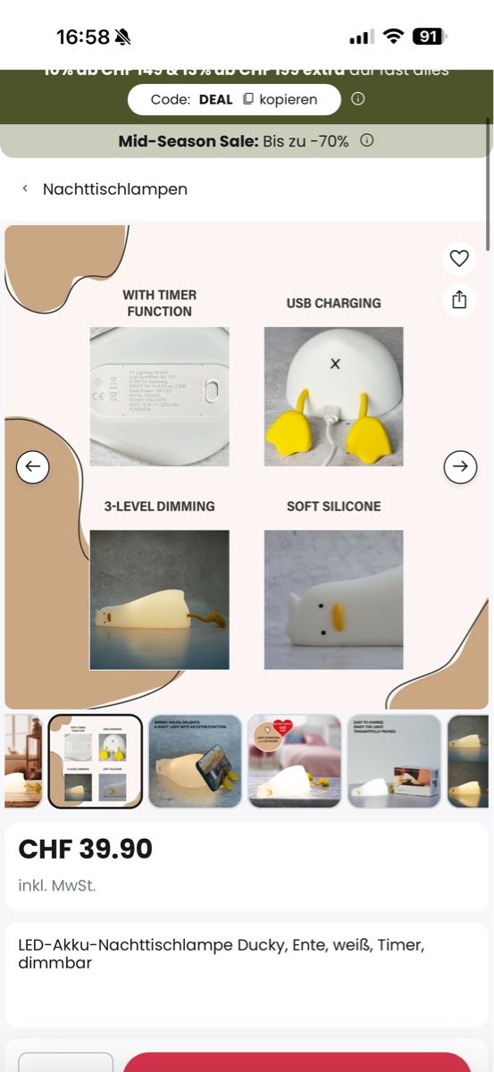 Lampade: LED-Nachttischlampe "Ducky" Ente, weiss, dimmbar, Timer! – Nuovo e nell'imballaggio originale da Staad SG venduto da Chirrari 4