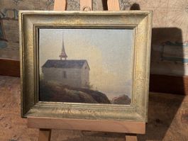 Antiker kleiner Ölgemälde Kapelle am See mit Rahmen