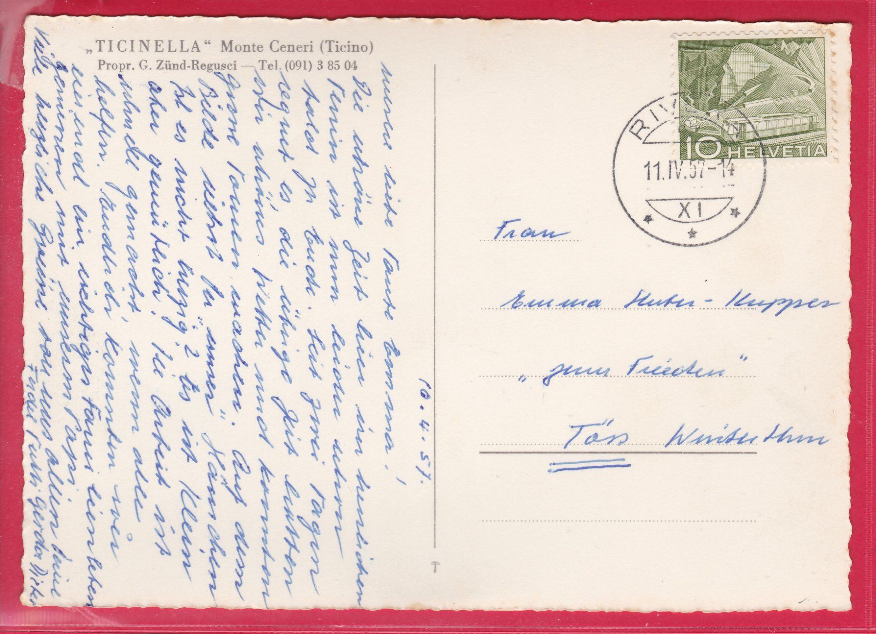 Cartoline postali: MONTE CENERI, TICINELLA, 11.4.1957 – Usato da Oberrieden venduto da Gebirgsstelze 1