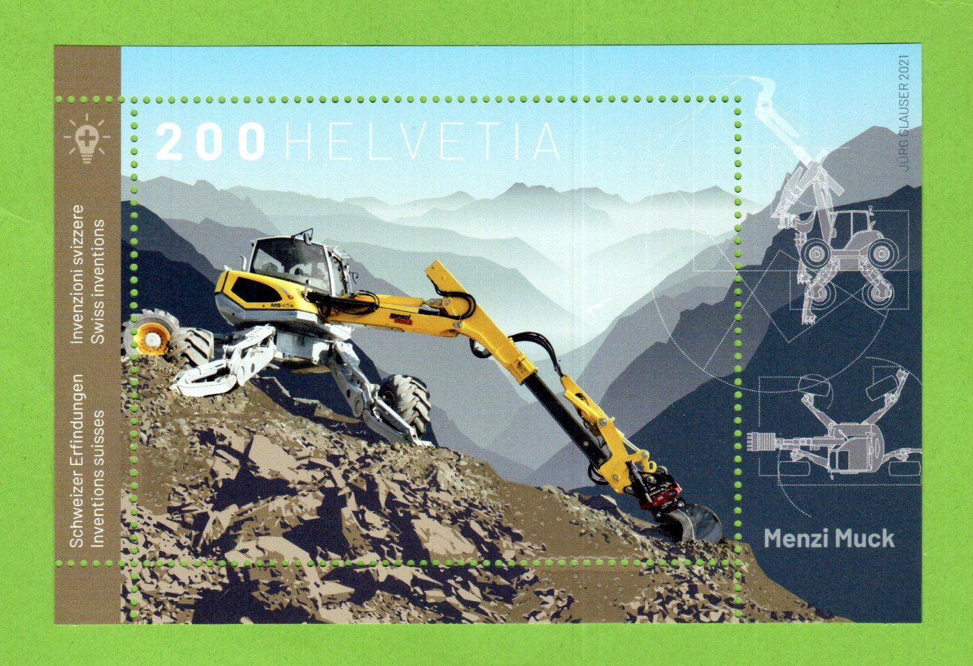 Tutti i francobolli: 2021 Schweizer Erfindungen "Menzi Muck" Block postfrisch – Nuovo (secondo la descrizione) da Stein am Rhein venduto da Huehnerhund