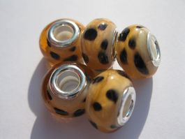 3 Grosslochperlen, Glas Beads lachs, schwarz getupft