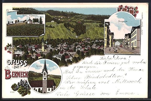 Cartoline postali: Litho Berneck, Kirche, Ruine Rosenburg,  – Usato da Berlin venduto da bartko-reher