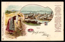 Lithographie Aarau, Flusspartie mit Brücke, Frau bei der Fel