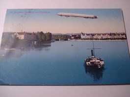 Karte Konstanz, Inselhotel + Seestrasse, 1913, mit Zeppelin