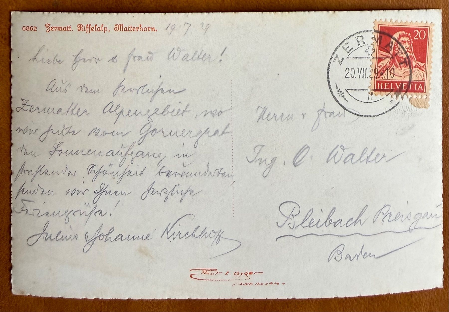 Cartoline postali: Zermatt - Le Cervin - 1929 - Photo E. Gyger – Usato da Lutry venduto da Ediego 1