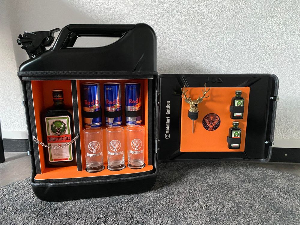 Schwarzer Jerrycan Whisky-Minibar 10L, Kanister-Minibar für
