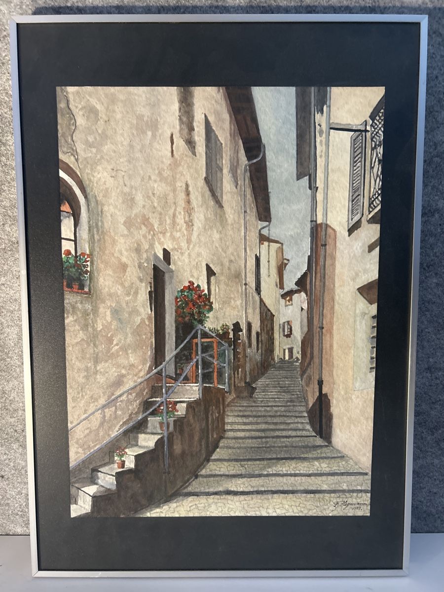 Dipinti: Aquarell "Gasse" F. Hegmann, 1989, gerahmt – Usato da Glarus venduto da KunstWerkEr-LS87