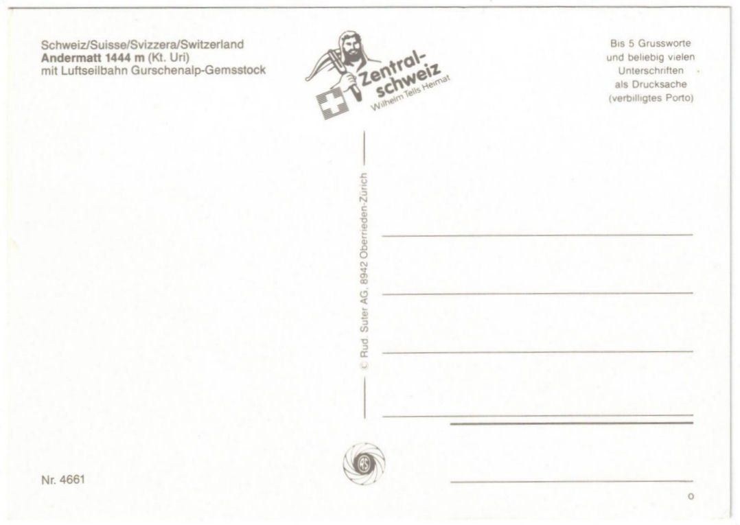 Cartoline postali: Andermatt - Luftseilbahn Andermatt--Gurschenalp – Usato da Binningen venduto da Mountainrider 1