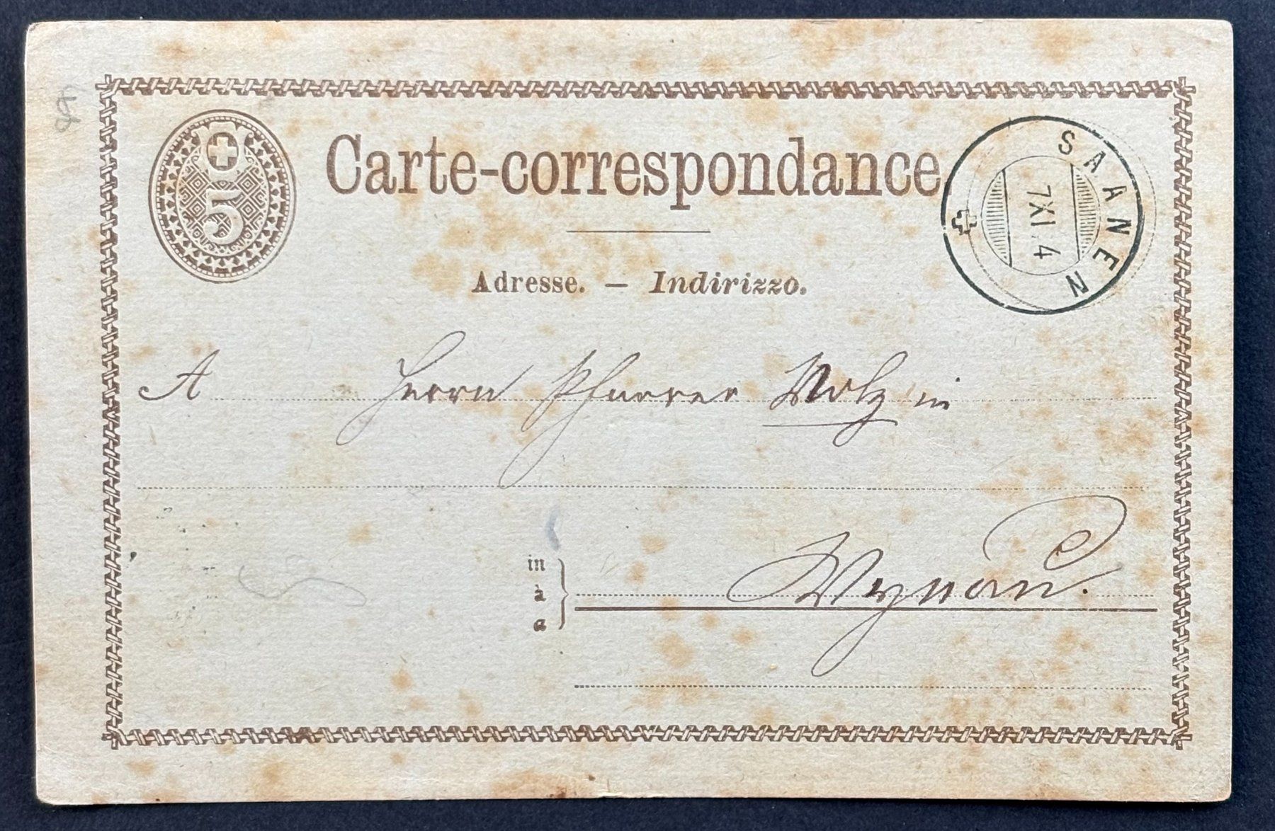 Tutti i francobolli: POSTKARTE SAANEN 1874 – Usato da Ostermundigen venduto da Wyatt-Earp