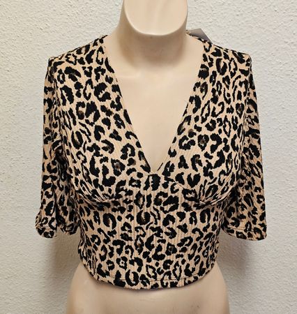 Boutique Damen Crop Top Leo-Print Beige/Schwarz Gr. L – Neu