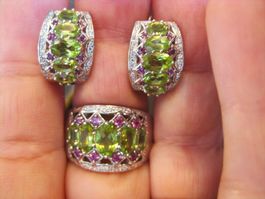 S.925° W.G. ÜBERZ. OHRSTECKER/RING MP Gr.19, PERIDOT, GRANAT