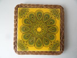 Vintage Untersetzer 70er Jahre Rattan Keramik 18 x 18 cm