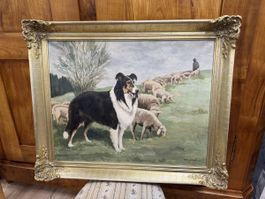 Tolles Ölgemälde „Schafhirte mit Hund“ Hans Schmitt dat. 59