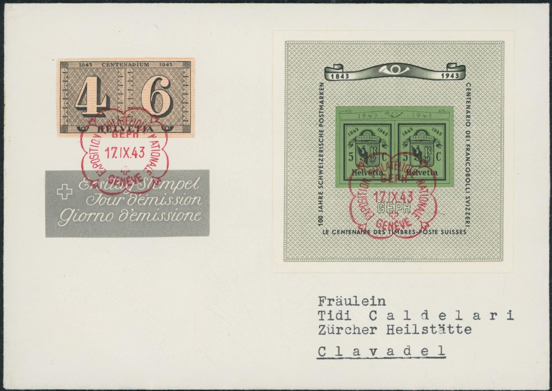 Tutti i francobolli: 1943 - Genf - Block - FDC ET - Gaudard – Usato da Schindellegi venduto da leecollect