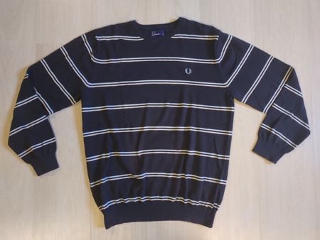 Pull Fred Perry coton bleu rayé blanc taille L TBE 