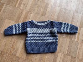 Handgestrickter, warmer Baby Pullover, Gr. 62-68, Blau/Grau