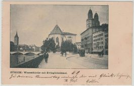ZH 100 ZÜRICH Wasserkirche mit Zwinglidenkmal, Tram