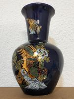 Elegante kobaltblaue Vase mit Golddekor & Vögeln – Höhe 16.5
