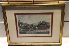 Alter, englischer Stich mit Kutsche "Changing Horses"
