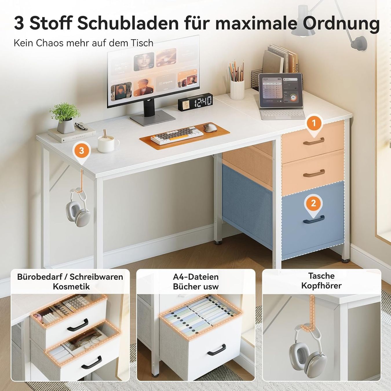 Scrivanie: Schreibtisch mit 3 Schubladen Computertisch 120cm Weiss – Nuovo e nell'imballaggio originale da Schaffhausen venduto da tra_6j5m 4