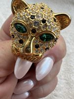 Goldener Ring mit Tigerkopf und Strass Steinen, Grösse 54