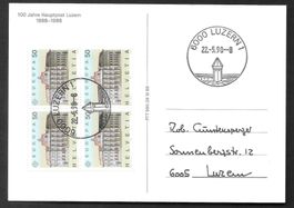 FDC - Karte 797 Viererblock 100 Jahre Post Luzern 22.5.1990