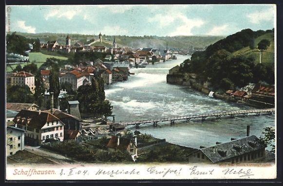 Ansichtskarten: AK Schaffhausen, Uferpartie mit Brücke – Gebraucht aus Berlin von bartko-reher