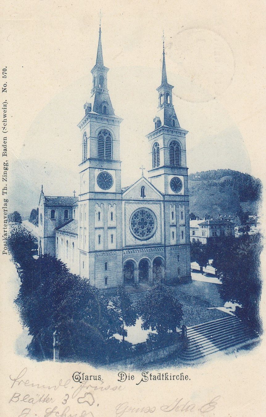 Cartoline postali: Glarus   GL    -   Die Stadtkirche      um 1899 – Usato da Brig venduto da Valcards54