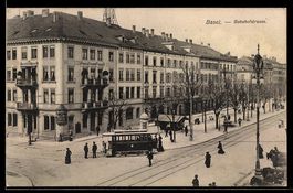 AK Basel, Bahnhofstrasse mit Strassenbahn