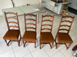 4 Antique Walnut Ladder-Back Chairs, Upholstered Seats